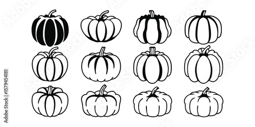 Collection of Twelve Pumpkin Silhouettes Whole and Carved Designs for Halloween and Autumn on transparent background bundle twelve pumpkin silhouettes featuring both whole carved designs