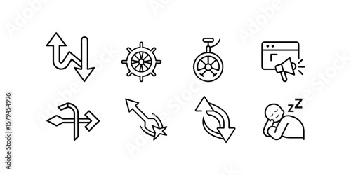 Collection of Simple Line Icons Representing Direction, Navigation, and Communication This image presents a set of nine simple line icons, each representing a different concept related to direction