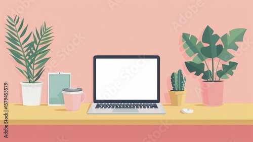 Modern workspace with laptop and plants