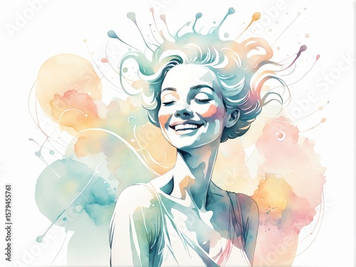 watercolor portrait of a girl with colorful hair, in white dress, brush the hand.