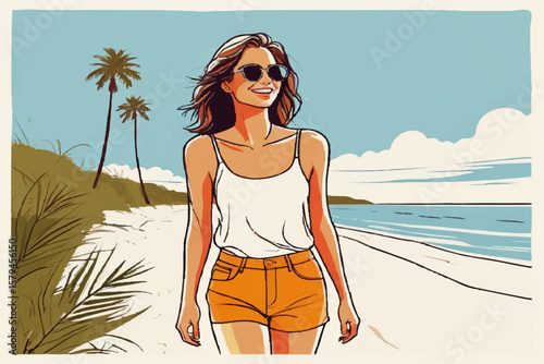 girl walking along tropical paradise coast, summer