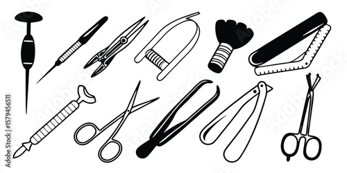 Set of 13 black and white medical tools illustrations