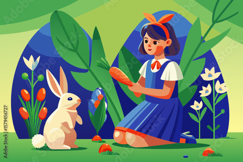 Girl in a dress sitting in a garden, feeding a rabbit with a carrot — both calm and trusting