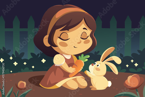 Girl in a dress sitting in a garden, feeding a rabbit with a carrot — both calm and trusting