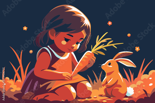 Girl in a dress sitting in a garden, feeding a rabbit with a carrot — both calm and trusting