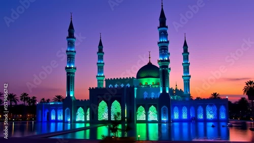 Illuminated Mosque at Dusk with Reflection in Water, and Sunset Background.