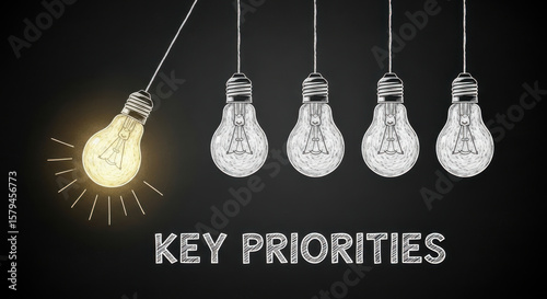 A single glowing lightbulb swings towards a row of unlit bulbs, symbolizing key priorities and innovation