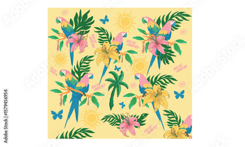 Tropical bird with flower pattern graphic print design. Tropical paradise. Macaw paradise artwork. Tropical vibes t shirt artwork. Summer vibes artwork.