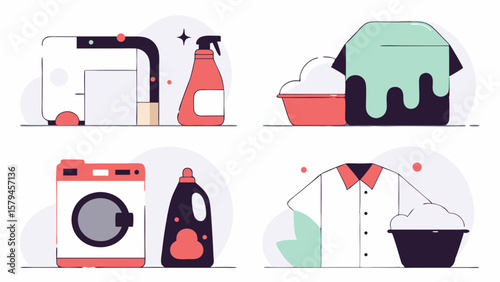 Vector illustration of laundry and cleaning supplies, including washing machine, detergent, and clothing for home care