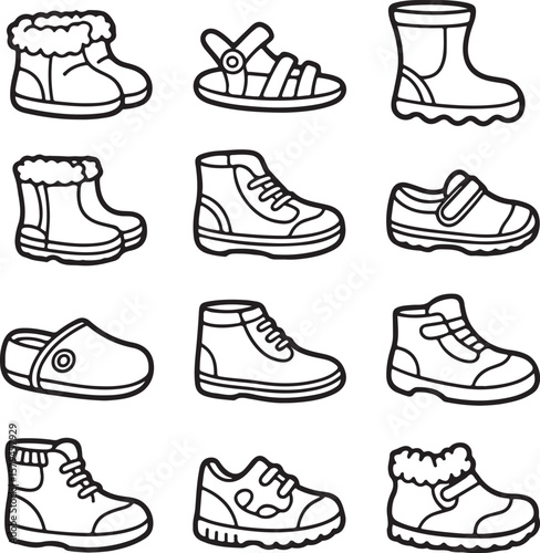 Collection of fashion footwear vector icons including boots, heels, and men's and women's shoe styles