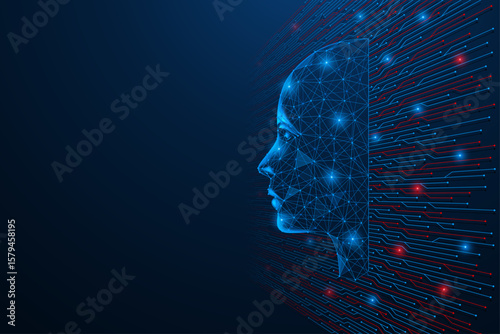 The digital interface of the mind. The profile of a human face transforms into a complex structure that mimics the tracks of a printed circuit board on a wall.