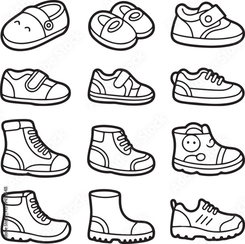 Collection of Cute Kids Shoes Line Art Illustrations