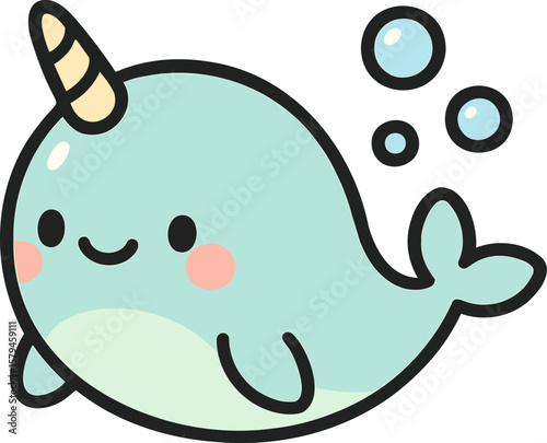 Cute cartoon narwhal swimming happily in the ocean with bubbles surrounding it
