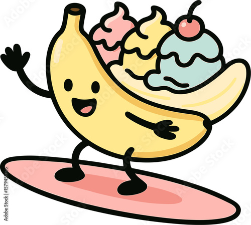 Banana character enjoying ice cream while surfing on a pink board during summer fun