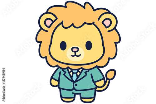 Cute lion character in a suit with a friendly expression, showcasing a playful style in a cartoonish design setting