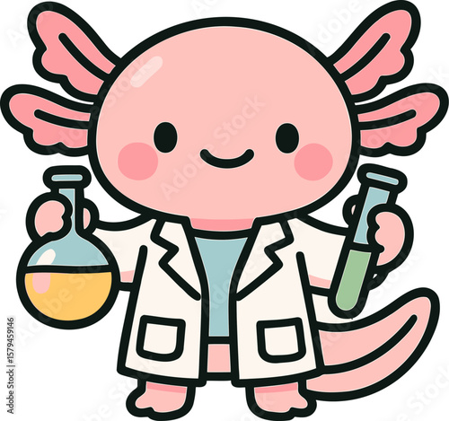 Cute cartoon axolotl character in a lab coat holding test tubes and a flask in a scientific setting