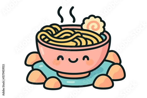 Cute bowl of noodles with smiling face and fluffy topping on a blue plate