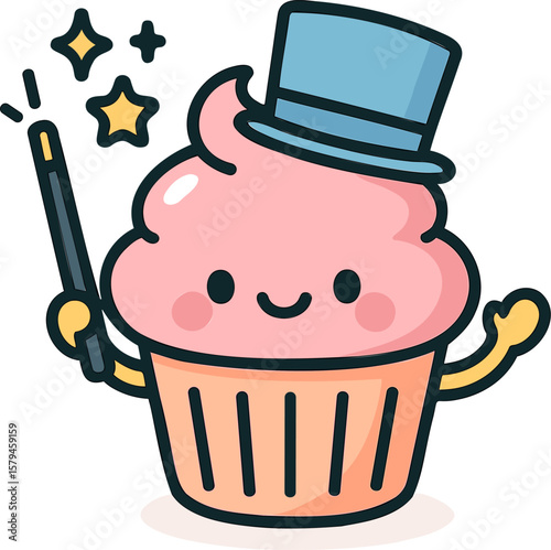 Cute cartoon cupcake with a magic hat and wand performing a magic trick in a whimsical style