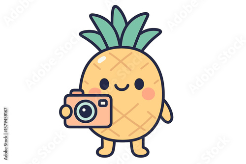 Happy cartoon pineapple character taking a selfie with a camera in a playful style