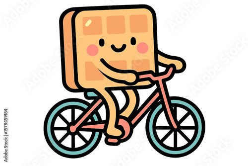 Happy waffle character riding a bicycle through a colorful landscape on a sunny day with a cheerful expression