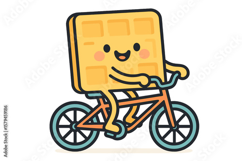 Waffle character rides a bicycle in a cheerful display of fun and whimsy during a sunny day