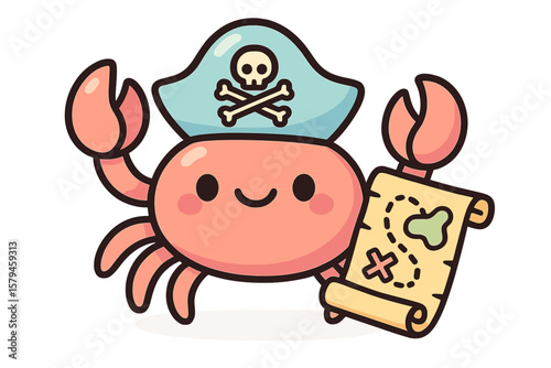 Cartoon crab dressed as a pirate holding a treasure map in a playful and whimsical design