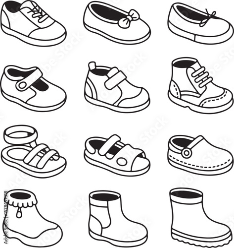 Cute Hand-Drawn Children's Shoes Illustrations Diverse Collection of Footwear Designs