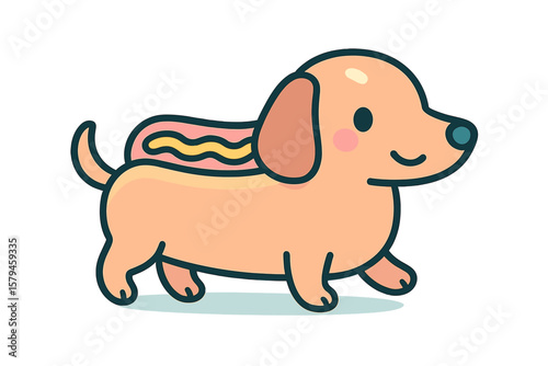 Cheerful cartoon dachshund with a hotdog design walking on a light background, perfect for playful graphics and illustrations