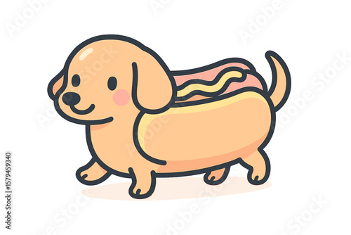 Cute cartoon dog resembling a hot dog with a bun walking playfully in a colorful setting