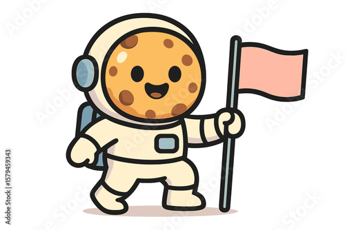 Cute space explorer with a cookie head holding a flag on a distant planet during a whimsical cosmic adventure