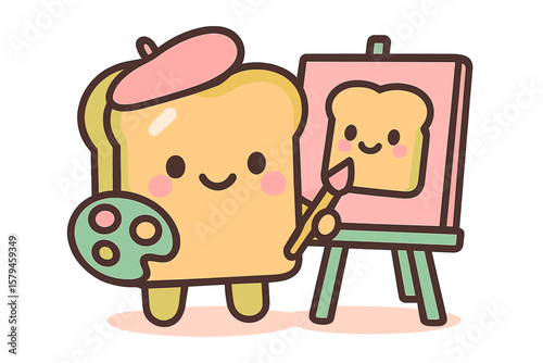 Cute cartoon bread character painting its own portrait with vibrant colors in a charming studio setting