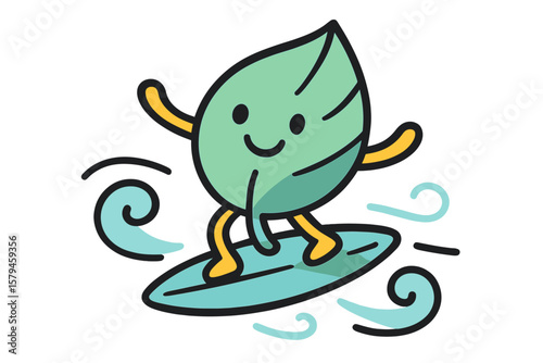 Leaf character surfs on a wave in a cheerful seaside illustration