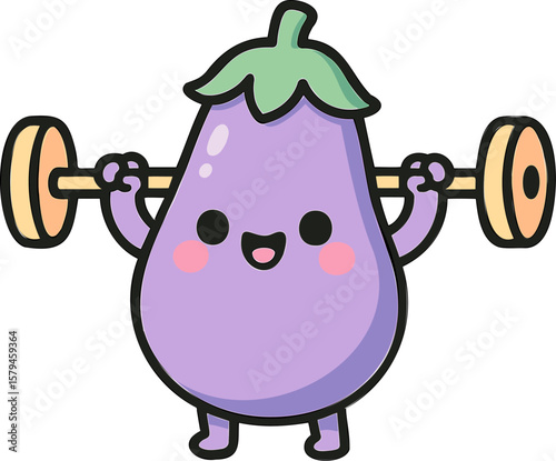 Cute cartoon eggplant lifting weights for fitness motivation in a cheerful illustration