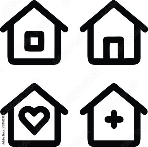 Vector icons of houses for property businesses, smart home apps, and web design.