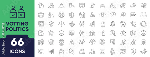 Voting and Politics Line Icon Set. Set of 66 outline icons including ballot box, vote, election, campaign, debate, political party, and democracy. Editable stroke. Linear vector illustration.