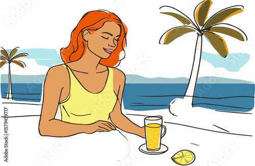 girl drinking cocktail on beach, tropical paradise coast, summer