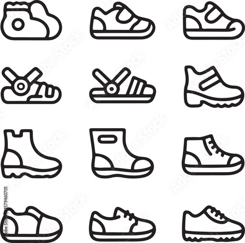 Vector set of fashion footwear icons: stylish men's and women's shoes, boots, and high heels silhouettes