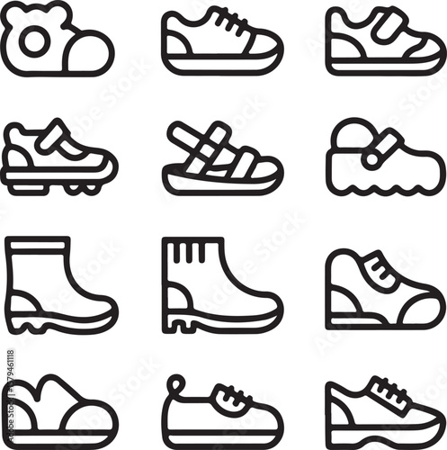 Collection of Line Art Shoe Icons Sneakers, Sandals, Boots, and More