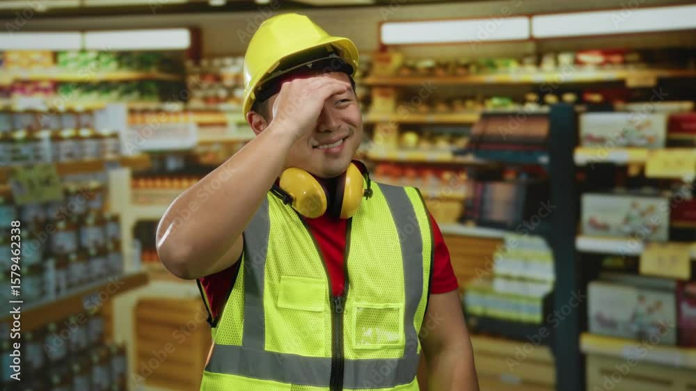 Young man with safety gear smiling in a supermarket setting with shelves of groceries in the background suggesting construction or maintenance work indoors Young man with safety gear smiling in a supermarket setting with shelves of groceries in the background suggesting construction or maintenance work indoors
