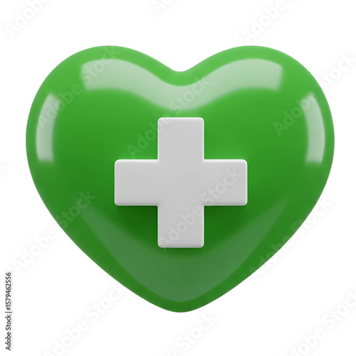 Green heart with white medical cross symbol isolated on transparent background