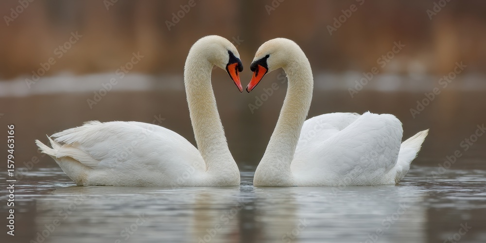 Obraz premium Romantic Swan Couple: Cygnet Reflections in Water, Celebrating Love and Beauty this Valentine's Day