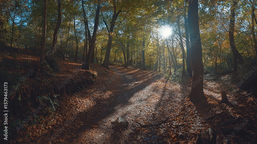 Obraz premium Sunlit forest path in autumn