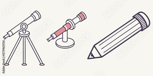 Telescopes and pencil icons tripod drawing