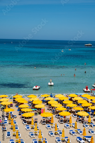 Fototapeta Naklejka Na Ścianę i Meble -  Sunny day, view on sunbeds and umbrellas on Mondello Beach, near Palermo in Sicily, popular seaside destination with fine, golden sand, turquoise waters and charming villas