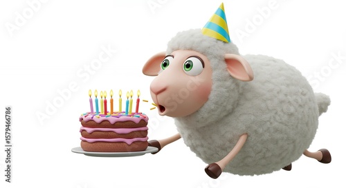 Cartoon sheep celebrating birthday with cake