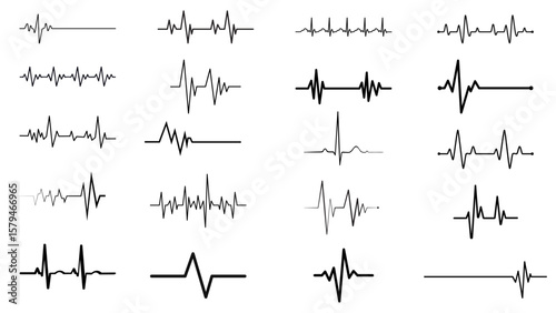 heartbeat line collection with heart symbol, cardiology, medical pulse, ECG, EKG design, healthcare clipart vector illustration, health monitoring, digital heartbeat graphics
