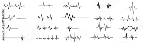heartbeat line collection with heart symbol, cardiology, medical pulse, ECG, EKG design, healthcare clipart vector illustration, health monitoring, digital heartbeat graphics