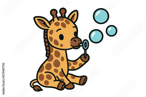 Cute giraffe blowing bubbles in a playful afternoon setting with vibrant colors and cheerful design