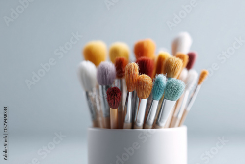 Closeup of assorted makeup brushes in holder, showcasing artistry and beauty. Perfect for cosmetics, beauty blogs, or style guides. Soft, delicate colors, minimal.