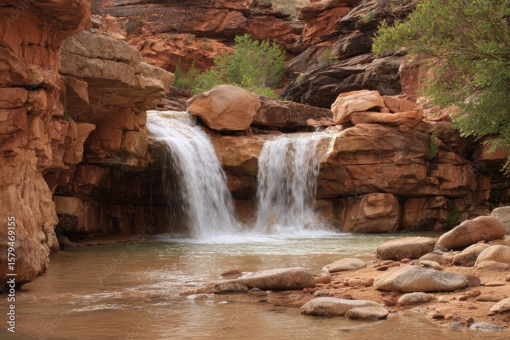 Naklejka premium Desert Oasis: A Stunning Southern Utah Waterfall Cascading Through Sandstone Landscapes